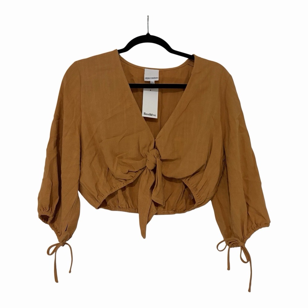 Skylar + Madison Small Light Brown Cropped Tie Front Blouse Boho Festival NEW